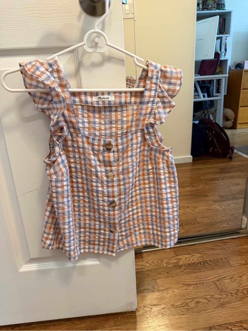 Madewell Peach and Blue Gingham Ruffle-Shoulder Button Tank